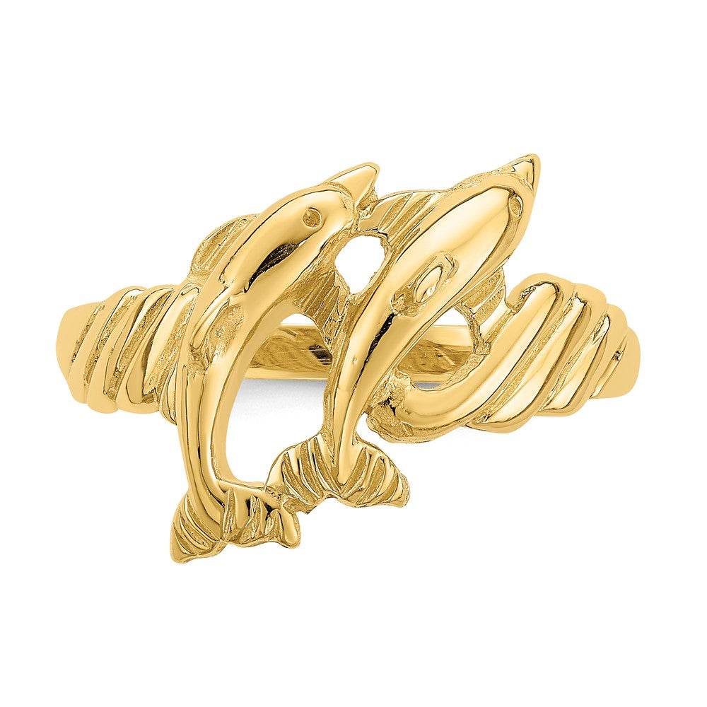 14K Gelbgold Ring mit zwei polierten Delfinen und geripptem Rand