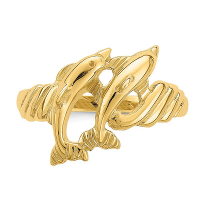 14K Gelbgold Ring mit zwei polierten Delfinen und geripptem Rand
