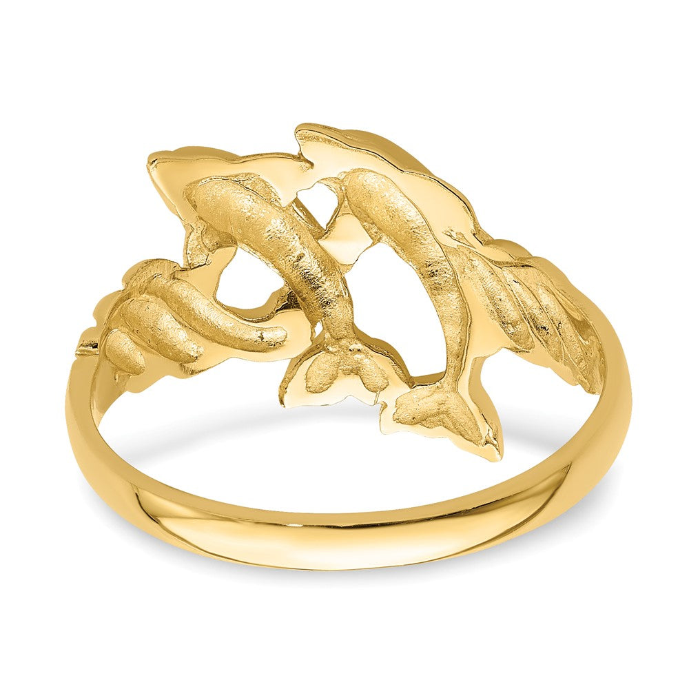 14K Gelbgold Ring mit zwei polierten Delfinen und geripptem Rand