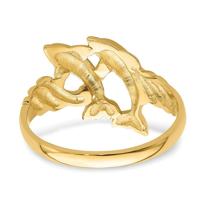 14K Gelbgold Ring mit zwei polierten Delfinen und geripptem Rand