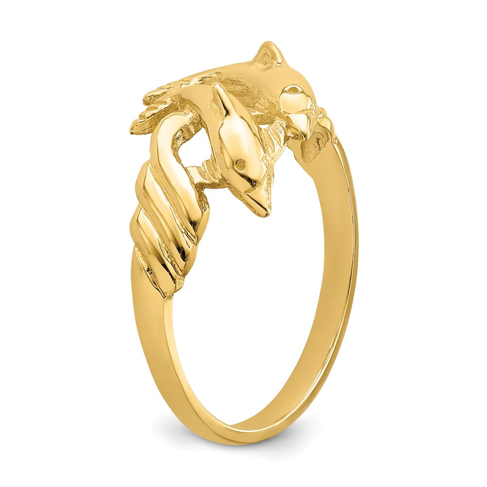 14K Gelbgold Ring mit zwei polierten Delfinen und geripptem Rand
