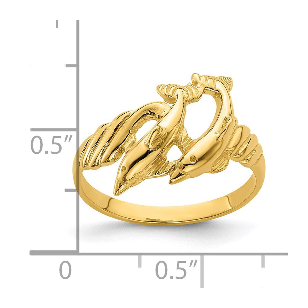 14K Gelbgold Ring mit zwei polierten Delfinen und geripptem Rand