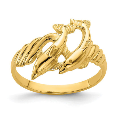 14K Gelbgold Ring mit zwei polierten Delfinen und geripptem Rand