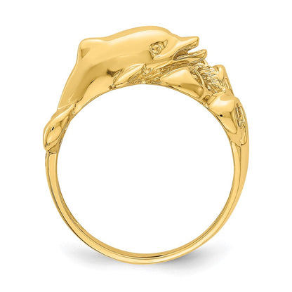 14K Gelbgold Ring „Delfin schwimmt in Wellen", poliert