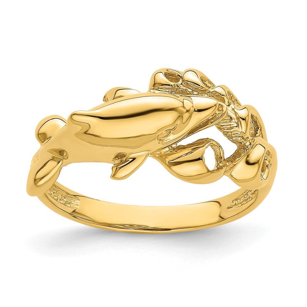 14K Gelbgold Ring „Delfin schwimmt in Wellen", poliert