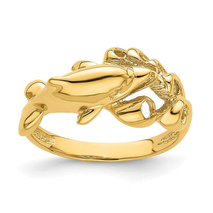 14K Gelbgold Ring „Delfin schwimmt in Wellen", poliert