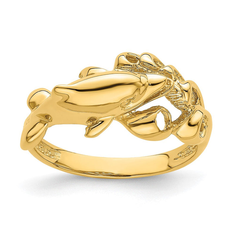 14K Gelbgold Ring „Delfin schwimmt in Wellen", poliert
