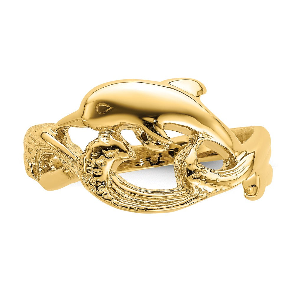 14K Gelbgold zweidimensionaler und polierter Delfin-Ring
