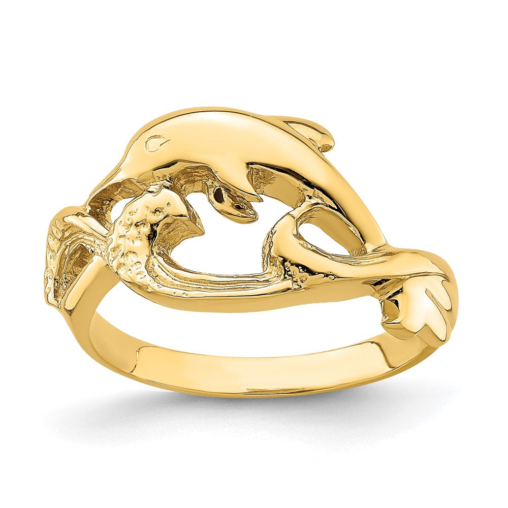 14K Gelbgold zweidimensionaler und polierter Delfin-Ring