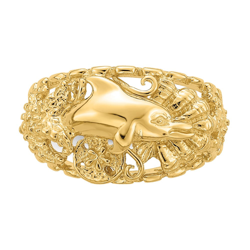 14K Gelbgold Ring mit Delfin- und Seedollar-Motiv