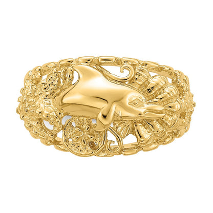 14K Gelbgold Ring mit Delfin- und Seedollar-Motiv