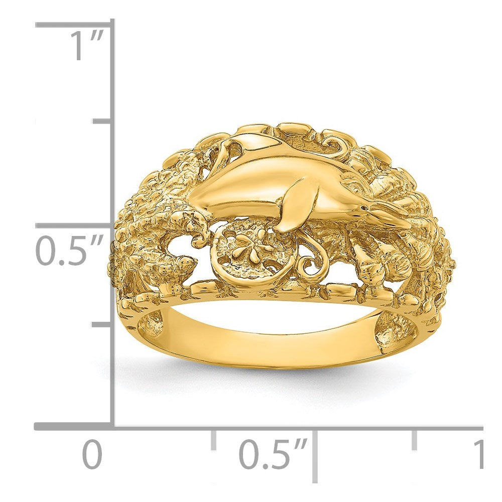 14K Gelbgold Ring mit Delfin- und Seedollar-Motiv