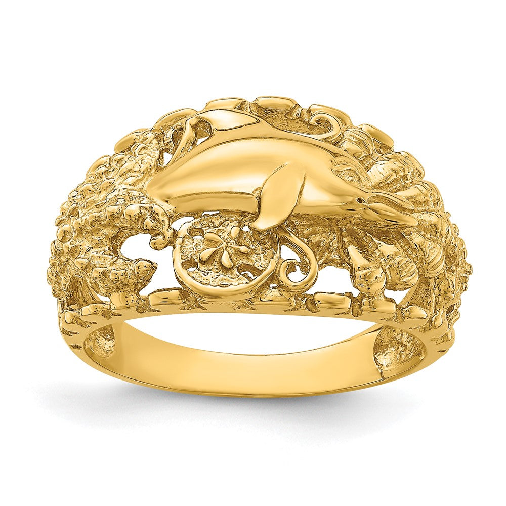 14K Gelbgold Ring mit Delfin- und Seedollar-Motiv