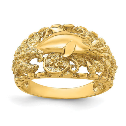 14K Gelbgold Ring mit Delfin- und Seedollar-Motiv