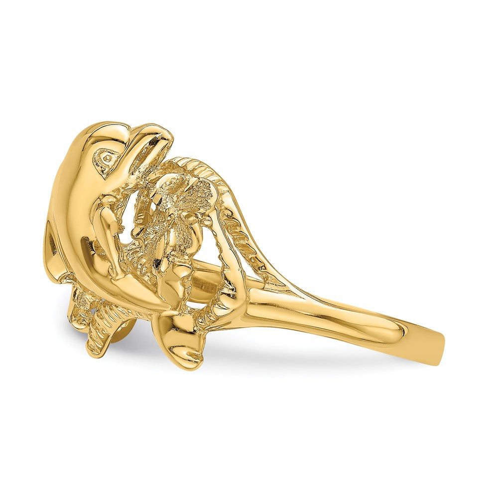 14K Gelbgold Ring mit poliertem Doppel-Plumeria-Blüten-Design und Delfin