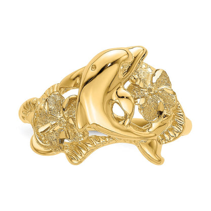 14K Gelbgold Ring mit poliertem Doppel-Plumeria-Blüten-Design und Delfin