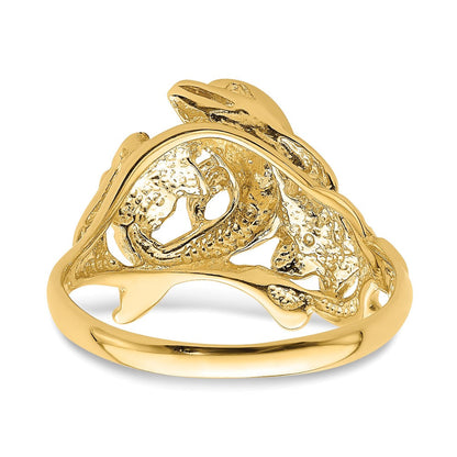 14K Gelbgold Ring mit poliertem Doppel-Plumeria-Blüten-Design und Delfin