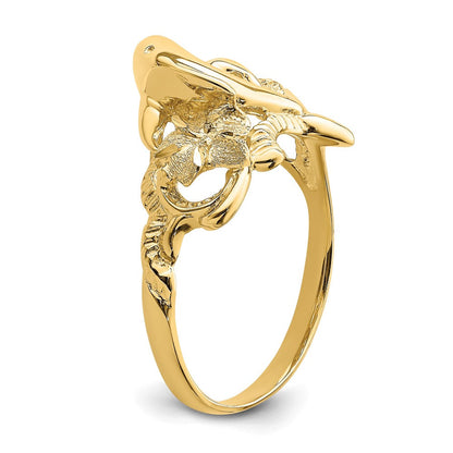 14K Gelbgold Ring mit poliertem Doppel-Plumeria-Blüten-Design und Delfin