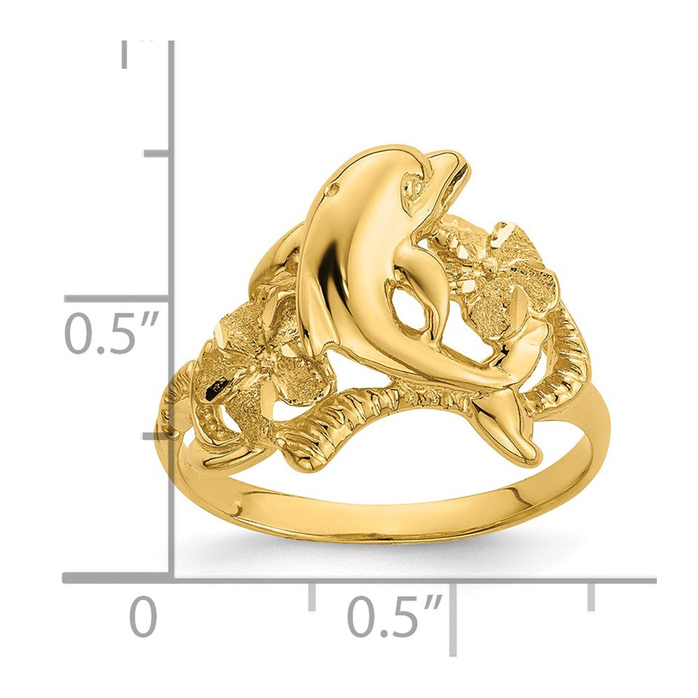 14K Gelbgold Ring mit poliertem Doppel-Plumeria-Blüten-Design und Delfin