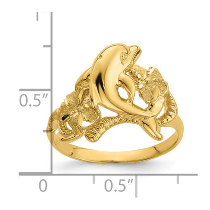 14K Gelbgold Ring mit poliertem Doppel-Plumeria-Blüten-Design und Delfin