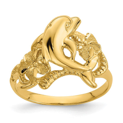 14K Gelbgold Ring mit poliertem Doppel-Plumeria-Blüten-Design und Delfin