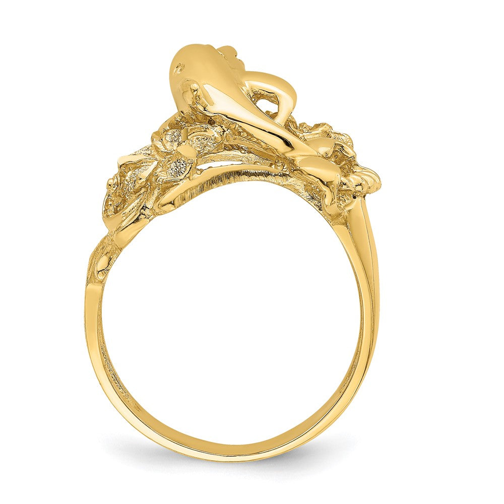 14K Gelbgold Ring mit Plumeria-Blüte und springenden Delfinen