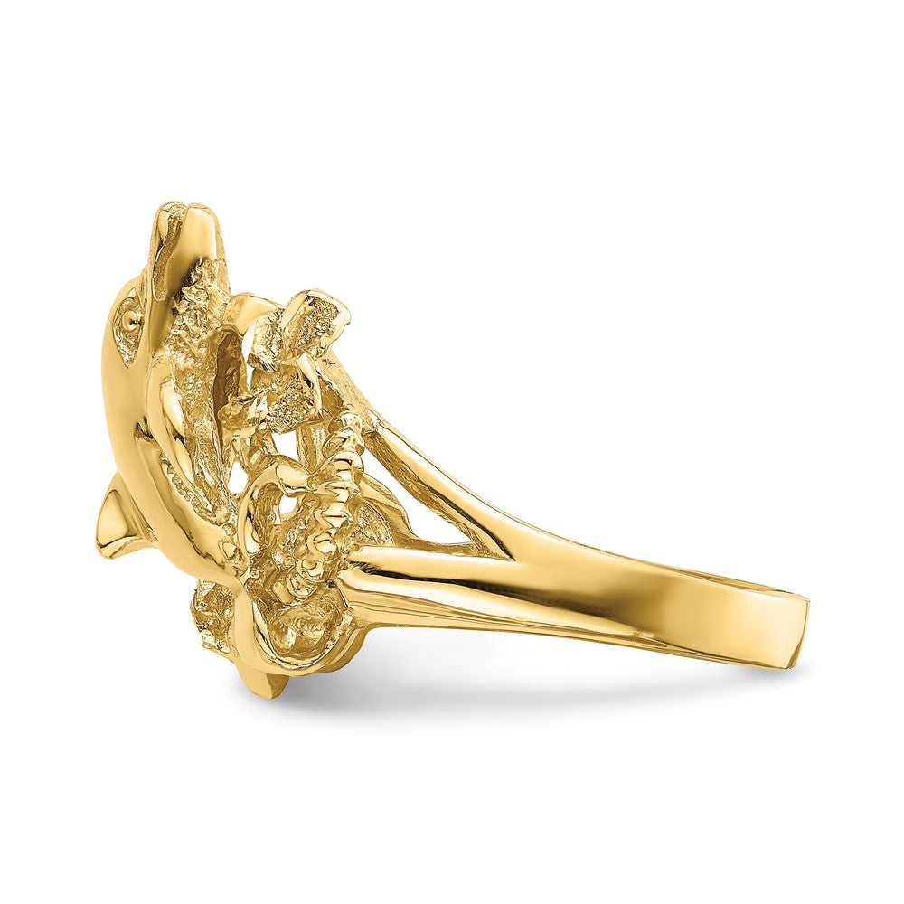 14K Gelbgold Ring mit Plumeria-Blüte und springenden Delfinen