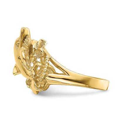 14K Gelbgold Ring mit Plumeria-Blüte und springenden Delfinen