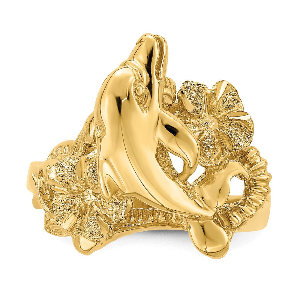 14K Gelbgold Ring mit Plumeria-Blüte und springenden Delfinen