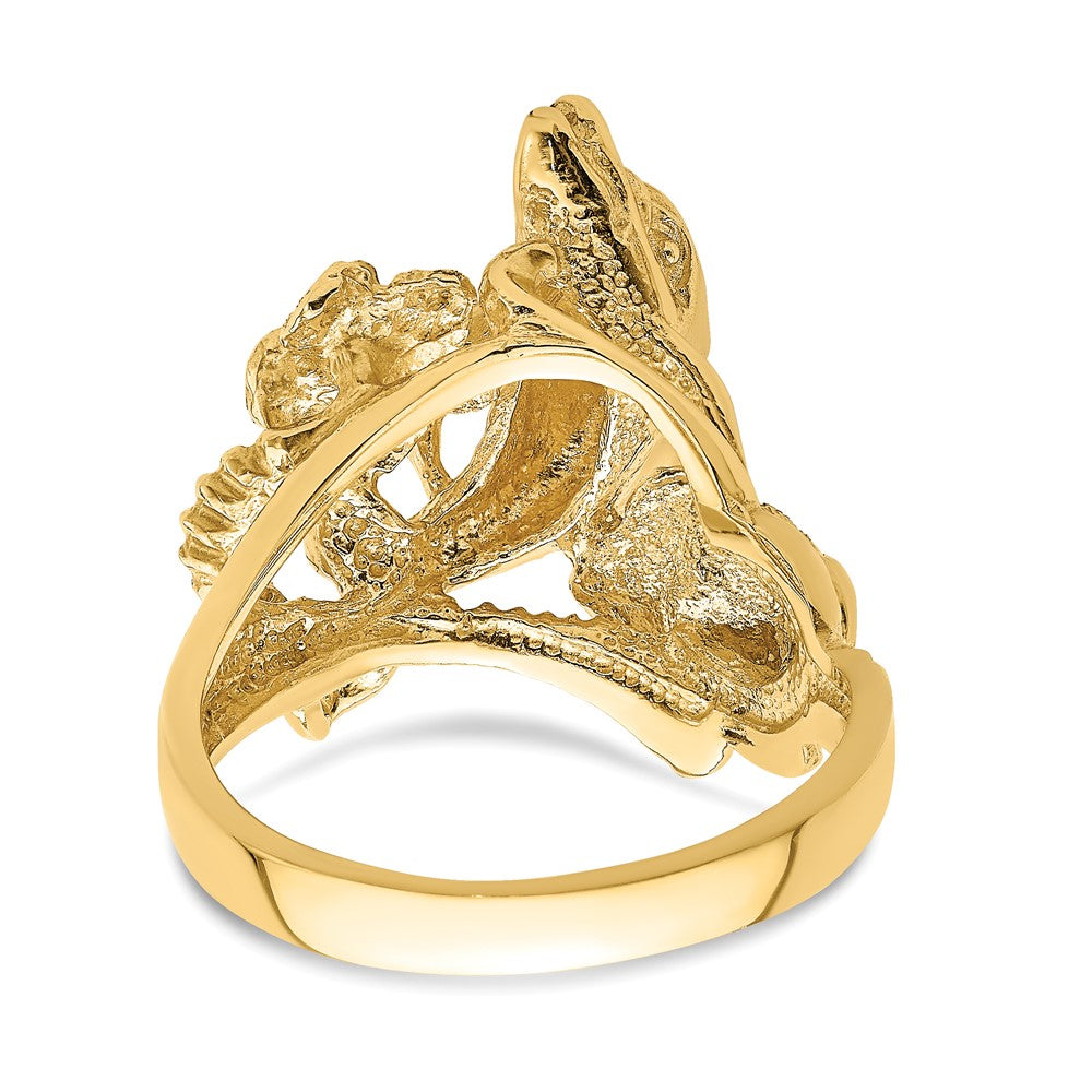 14K Gelbgold Ring mit Plumeria-Blüte und springenden Delfinen