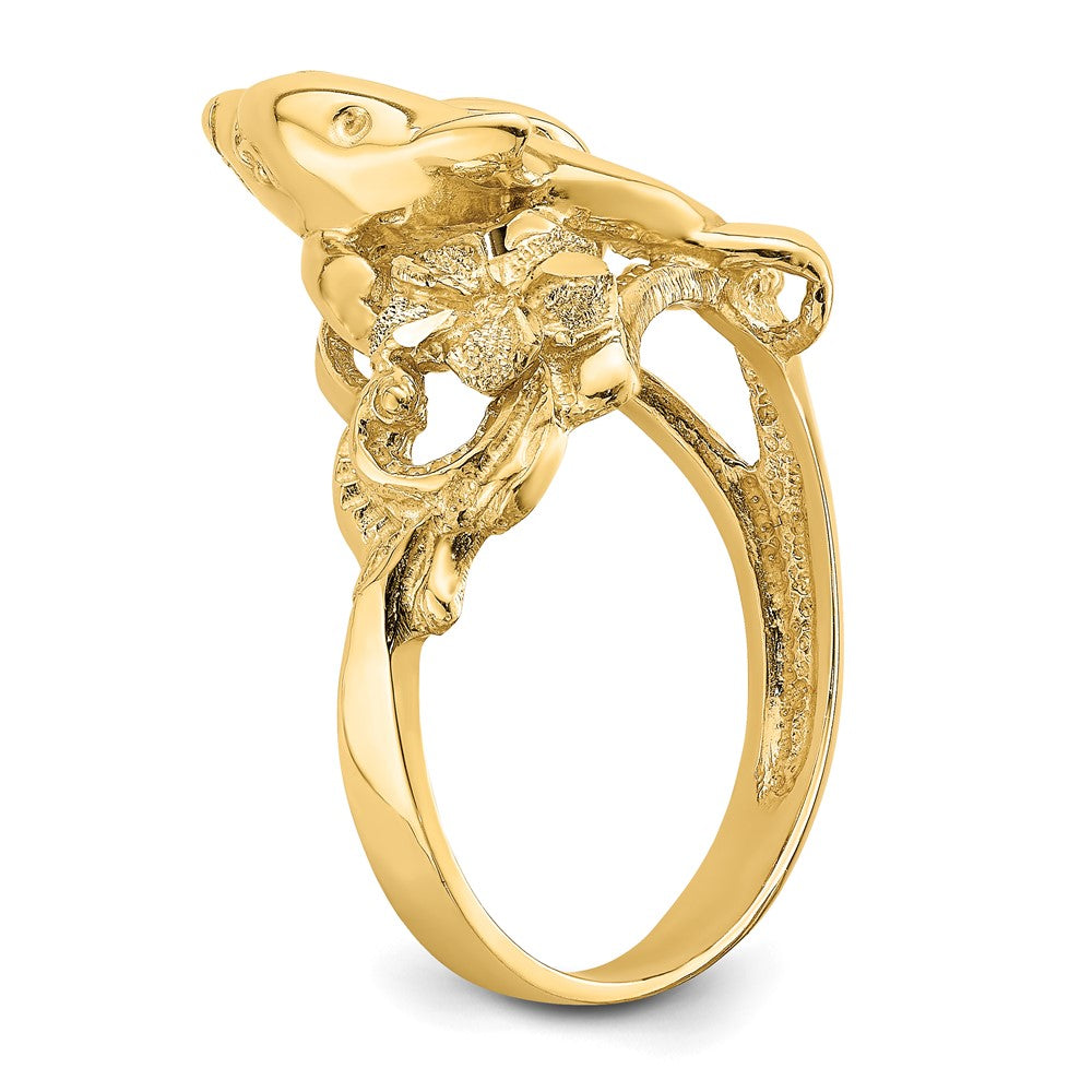 14K Gelbgold Ring mit Plumeria-Blüte und springenden Delfinen