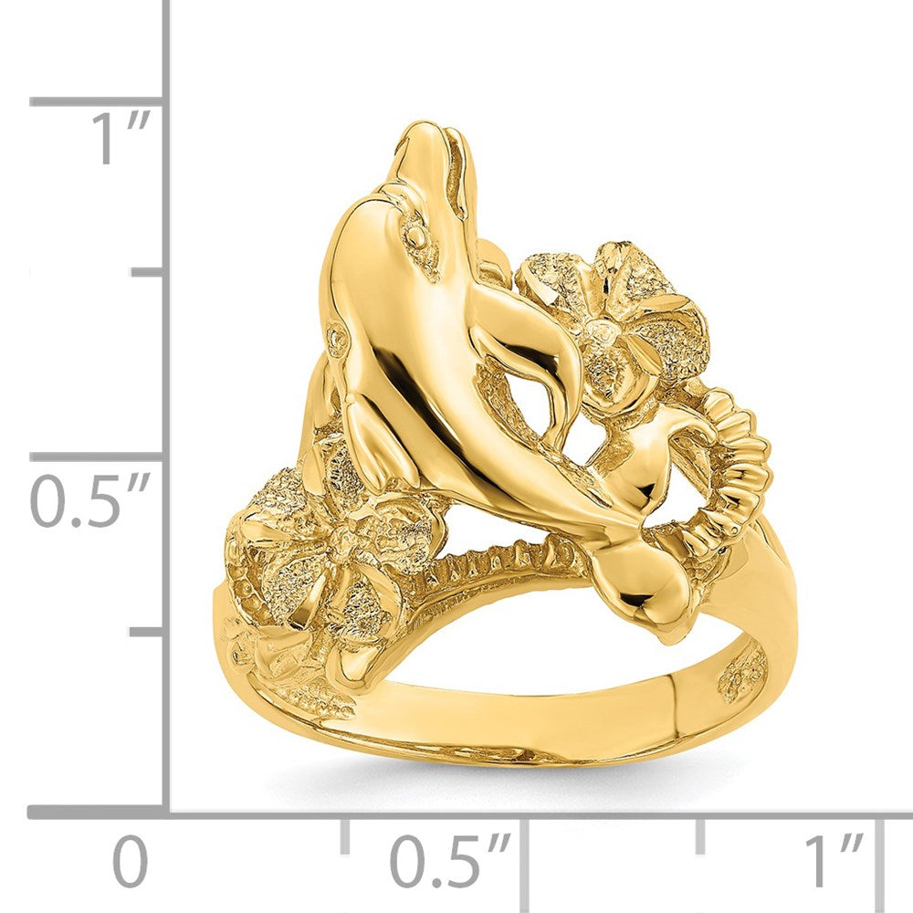 14K Gelbgold Ring mit Plumeria-Blüte und springenden Delfinen