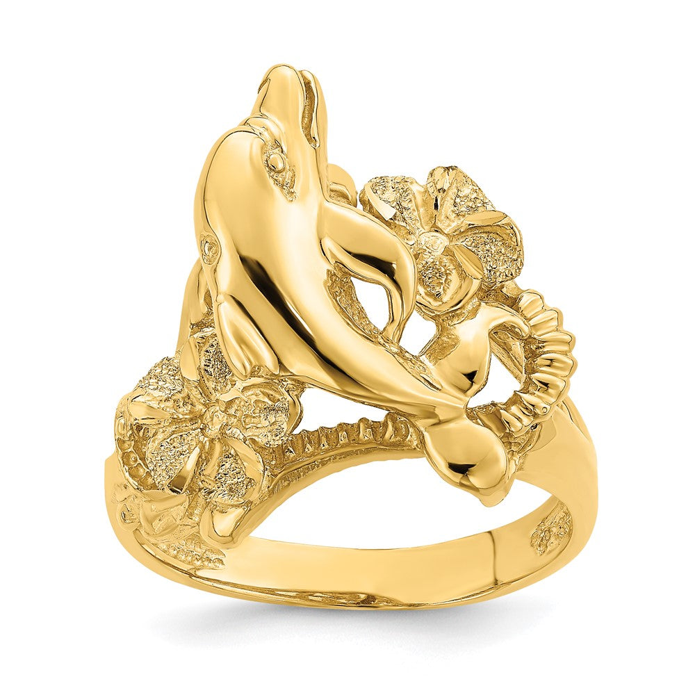 14K Gelbgold Ring mit Plumeria-Blüte und springenden Delfinen