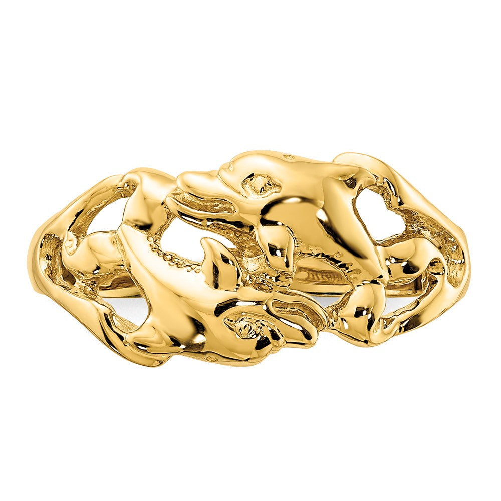 14K Gelbgold Ring mit poliertem Doppel-Delfin-Motiv, schwimmend