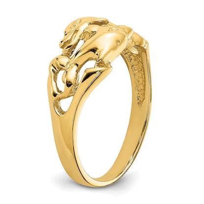 14K Gelbgold Ring mit poliertem Doppel-Delfin-Motiv, schwimmend
