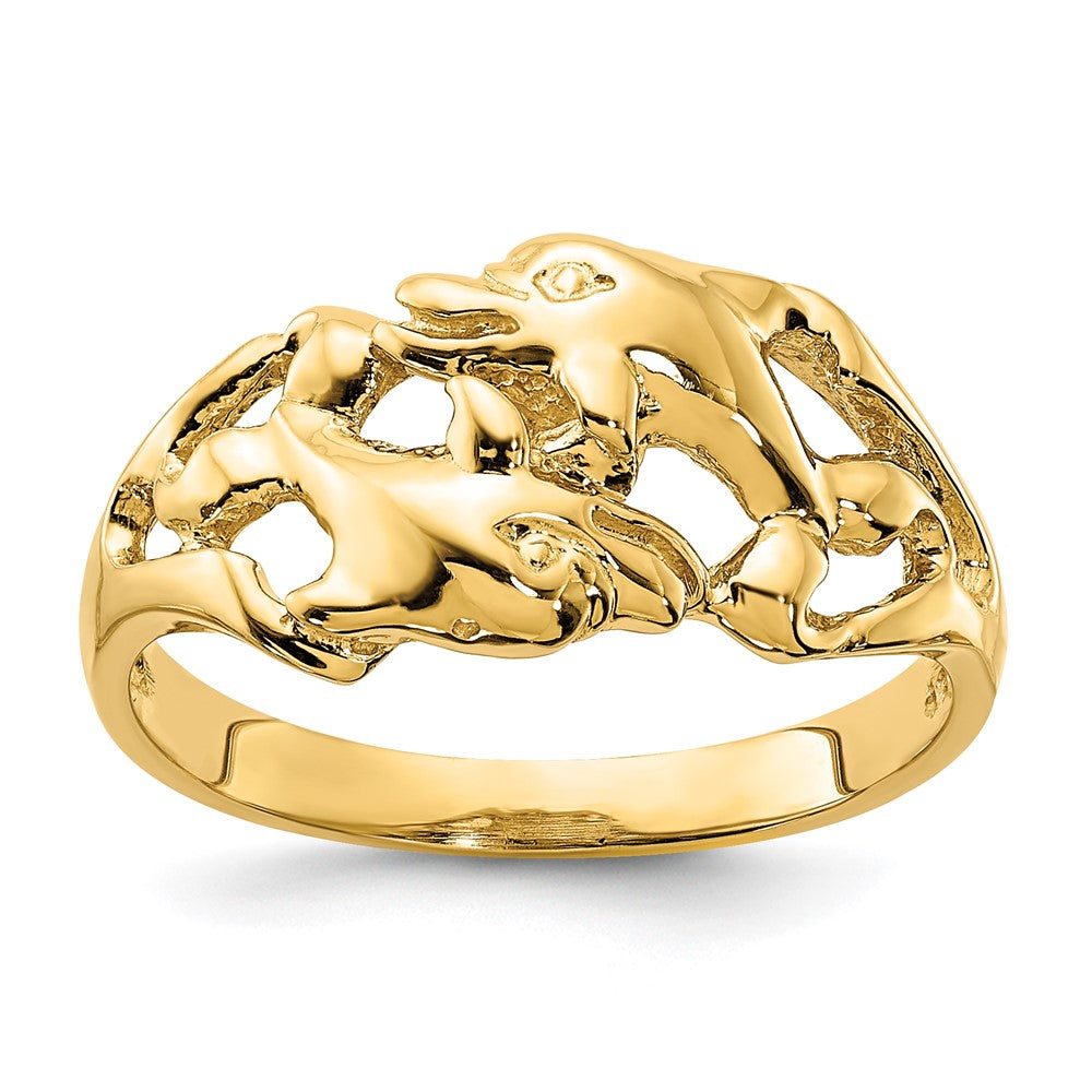 14K Gelbgold Ring mit poliertem Doppel-Delfin-Motiv, schwimmend