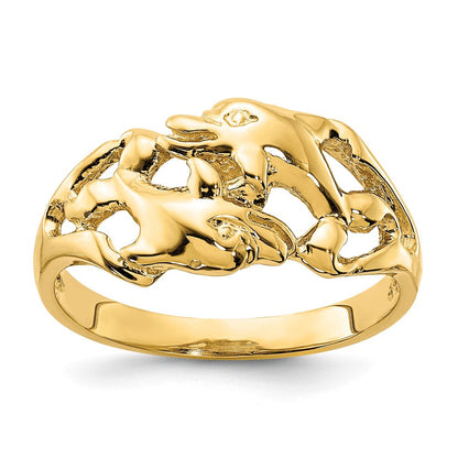 14K Gelbgold Ring mit poliertem Doppel-Delfin-Motiv, schwimmend