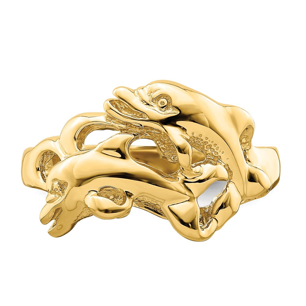 14K Gelbgold Ring „Schwimmende Delfine" poliert