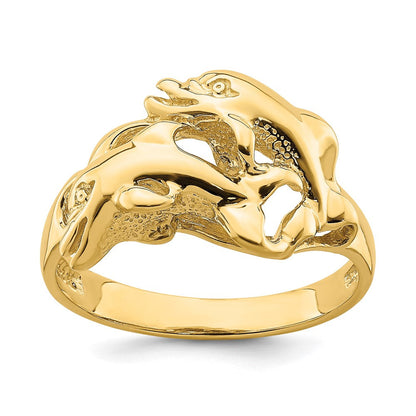 14K Gelbgold Ring „Schwimmende Delfine" poliert