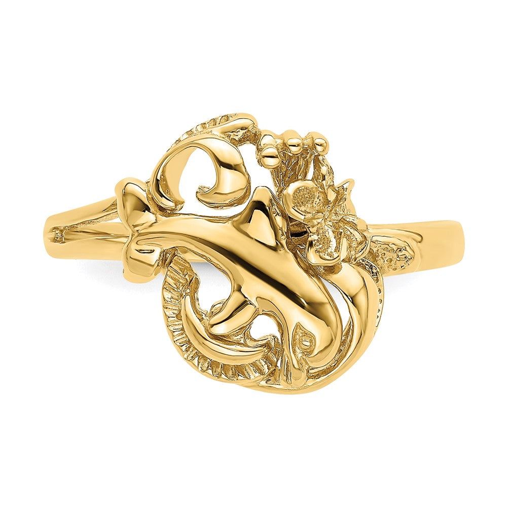 14K Gelbgold Delfin- und Plumeria-Ring im Wellen-Design