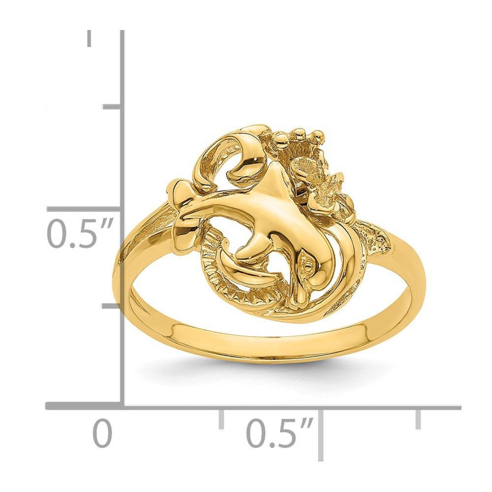 14K Gelbgold Delfin- und Plumeria-Ring im Wellen-Design