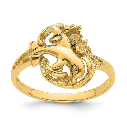 14K Gelbgold Delfin- und Plumeria-Ring im Wellen-Design