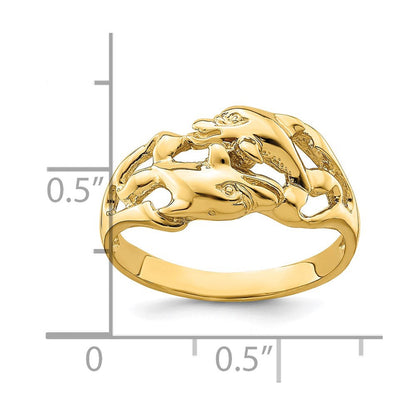 14K Gelbgold Ring mit zwei polierten schwimmenden Delfinen