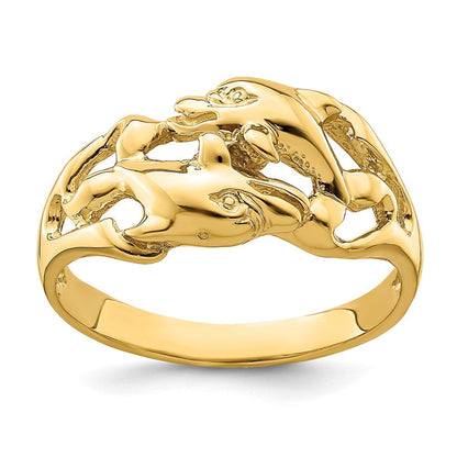 14K Gelbgold Ring mit zwei polierten schwimmenden Delfinen