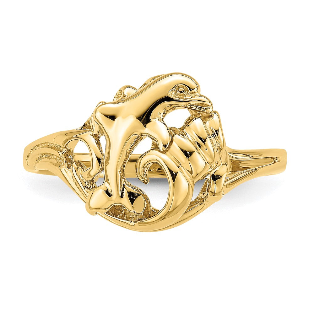 14K Gelbgold Poliert Springender Delfin In Der Welle Ring