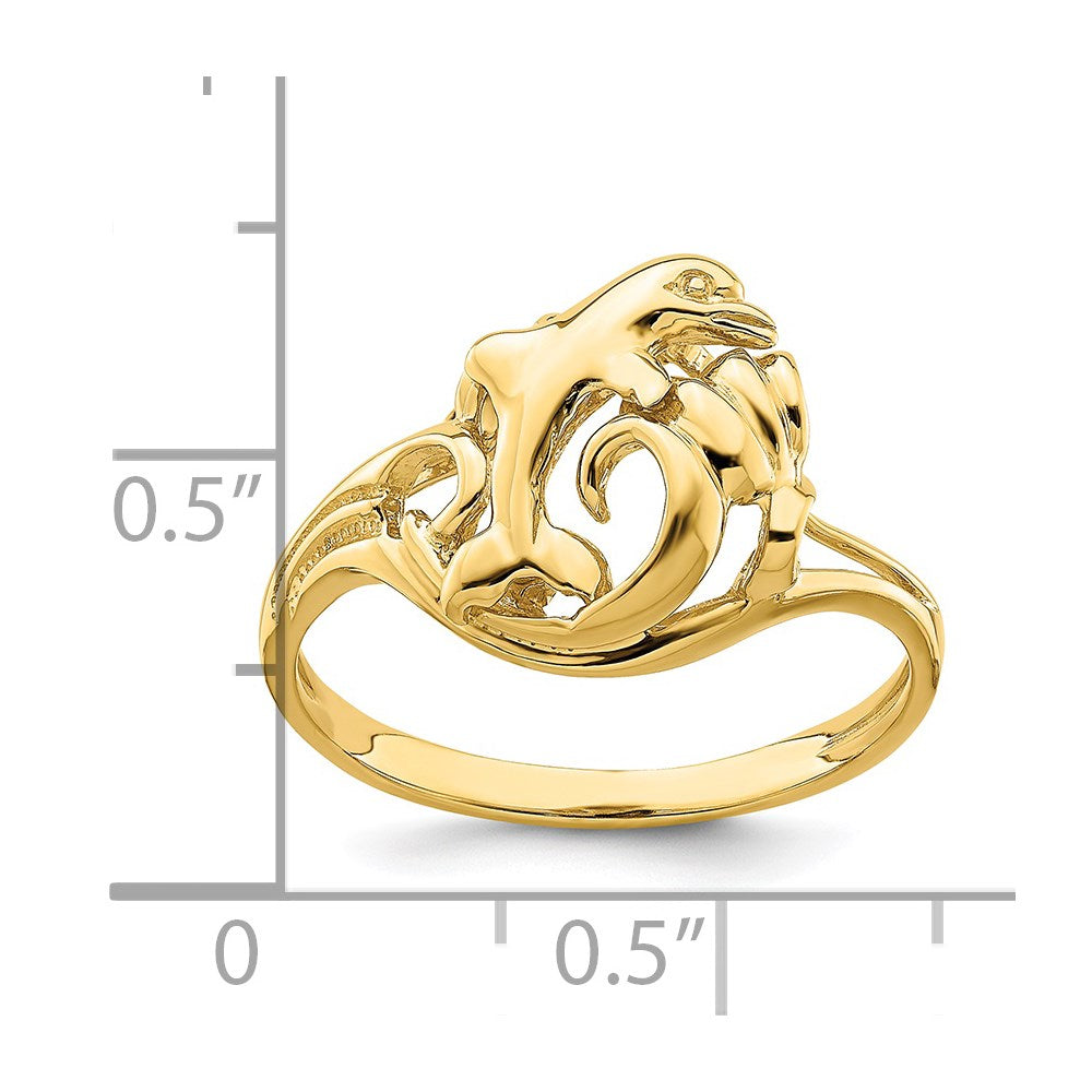 14K Gelbgold Poliert Springender Delfin In Der Welle Ring