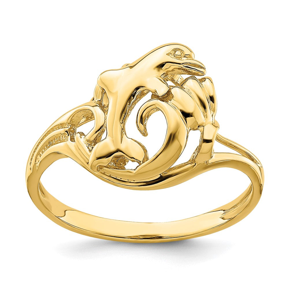 14K Gelbgold Poliert Springender Delfin In Der Welle Ring