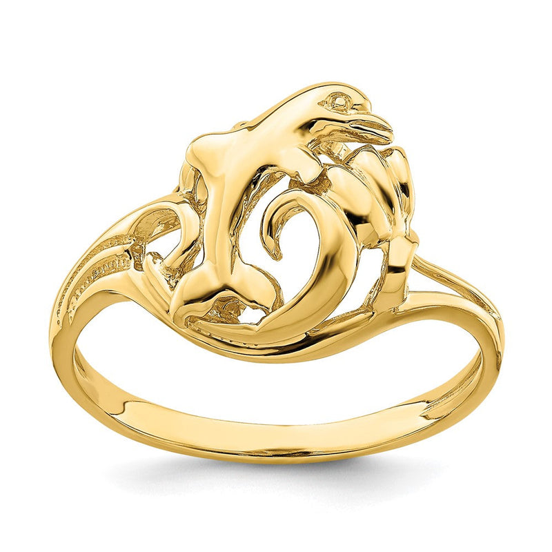 14K Gelbgold Poliert Springender Delfin In Der Welle Ring