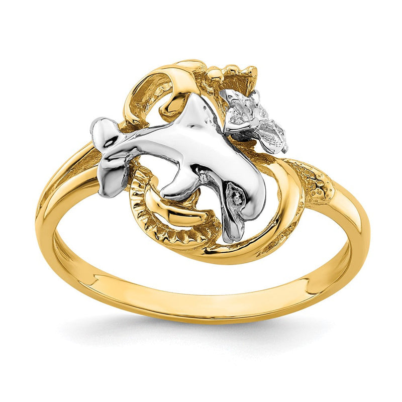 14K Bicolor-Gold Ring mit Rhodium, Delfin- und Plumeria-Motiv mit Wellen