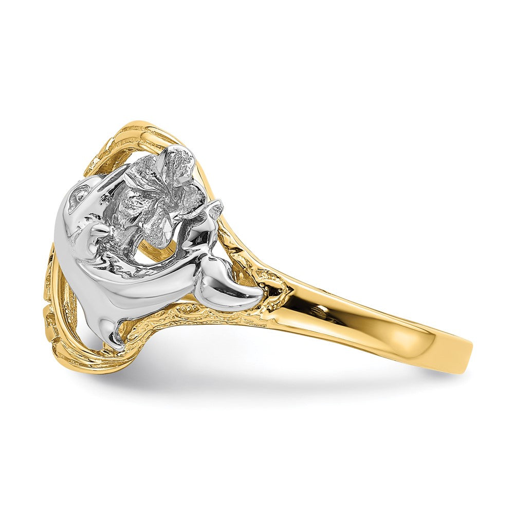 14K Bicolor-Gold Ring „HAWAII“ mit Delfin und Blume